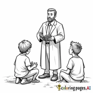 preacher in a suit and tie with a short haircut teaching a classroom of children wearing normal clothesthe Bible