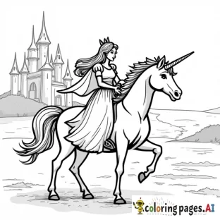 Princess riding unicorn in front of a castle