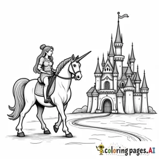 Princess riding unicorn in front of a castle