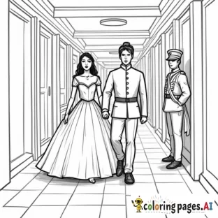 princess walking with prince, both dripping wet, down a hallway with guards standing in it, one guard looking particularly shocked, in classic line drawing style realistic