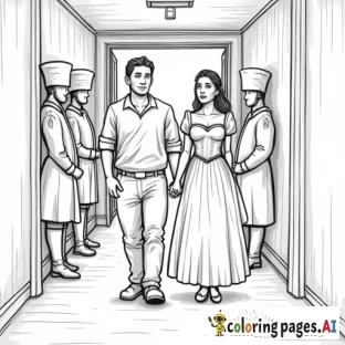 princess walking with prince, both dripping wet, down a hallway with guards standing in it, one guard looking particularly shocked, in classic line drawing style realistic