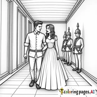 princess walking with prince, both dripping wet, down a hallway with guards standing in it, one guard looking particularly shocked, in classic line drawing style realistic