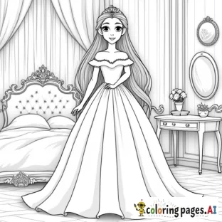 Princess with face fronting long hair standing in the beautiful castle bedroom and lot of details, also include bed and makeup vanity, realistic style