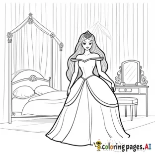 Princess with face fronting long hair standing in the beautiful castle bedroom and lot of details, also include bed and makeup vanity
