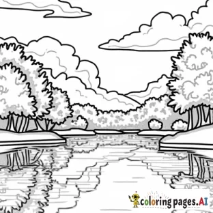 Prompt 7: The illustration should be in [SUPER SIMPLE], black and white, bold line art with a clear, mostly empty background. [INCLUDES ONLY OUTLINES WITH NO FILLED IN BLACK AREAS], ensuring no shading, no complex images, and making it very easy to color in between the lines. A scenic view of a lake surrounded by trees with colorful autumn reflections on the water.