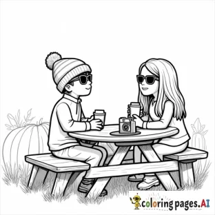 pumpkin patch farm on the side picnic table, one boy wearing a beanie and rectangular sunglassess with a quarter zip sitting across from a girl with longer hair and just a long sleeve top and hot apple cider in her hand and camera is on the side, on the picnic table