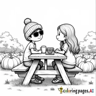 pumpkin patch farm on the side picnic table, one boy wearing a beanie and rectangular sunglassess sitting across from a girl with longer hair and hot apple cider in her hand and camera on the picnic table