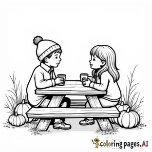 pumpkin patch farm on the side picnic table, one boy wearing a beanie and rectangular sunglassess with a quarter zip sitting across from a girl with longer hair and hot apple cider in her hand and camera is on the side, on the picnic table