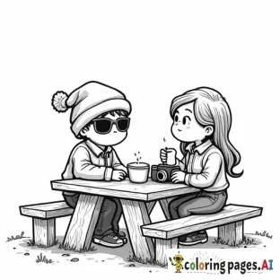 pumpkin patch farm on the side picnic table, one boy wearing a beanie and rectangular sunglassess with a quarter zip sitting across from a girl with longer hair and hot apple cider in her hand and camera is on the side, on the picnic table