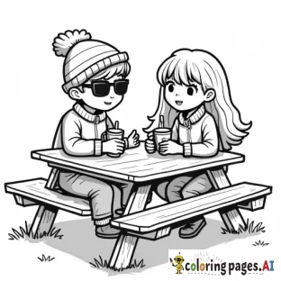 pumpkin patch farm on the side picnic table, one boy wearing a beanie and rectangular sunglassess with a quarter zip sitting across from a girl with longer hair and hot apple cider in her hand and camera is on the side, on the picnic table