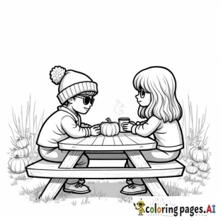 pumpkin patch farm on the side picnic table, one boy wearing a beanie and rectangular sunglassess with a quarter zip sitting across from a girl with longer hair and hot apple cider in her hand and camera on the picnic table