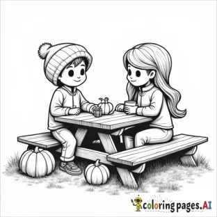 pumpkin patch farm on the side picnic table, one boy wearing a beanie and rectangular sunglassess with a quarter zip sitting across from a girl with longer hair who is wearing no sunglasses and just a long sleeve top and hot apple cider in her hand and camera is on the side, on the picnic table