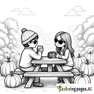 pumpkin patch farm on the side picnic table, one boy wearing a beanie and rectangular sunglassess with a quarter zip sitting across from a girl with longer hair no sunglasses and just a long sleeve top and hot apple cider in her hand and camera is on the side, on the picnic table
