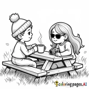 pumpkin patch farm on the side picnic table, one boy with a beanie and sunglasses sitting across from a girl with longer hair and hot apple cider in her hand and camera on the picnic table