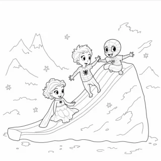 Elsa from Frozen and Spider-Man are having a magical adventure with two young children: a 5-year-old curly-haired girl and a 3-year-old blonde boy. Elsa is using her icy powers to create a sparkling ice slide, while Spider-Man is swinging nearby on his web. The two children are laughing and playing, with the girl sliding down the ice and the boy cheering from the top. Snowflakes are gently falling around them, and in the background, there are tall snowy mountains and a bright blue sky. The scene is full of action and magic, with large, simple shapes perfect for kids to color.