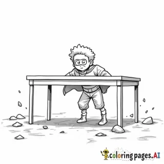 A tall table that has a caped superhero child under it while an earthquake is happening