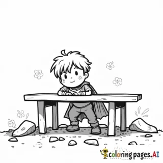 A superhero child in a cape with his whole body under a sturdy table during an earthquake