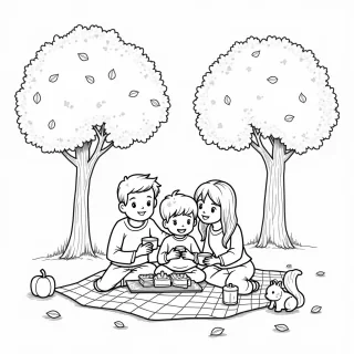 A family is having a cozy picnic in a park filled with trees with leaves in shades of red, yellow, and orange. They are sitting on a checkered blanket, eating sandwiches and sipping warm apple cider. Nearby, a squirrel is nibbling on an acorn, and a gentle breeze is blowing leaves around.