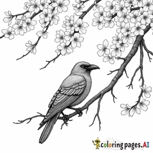 Raven on a cherry blossom tree at night