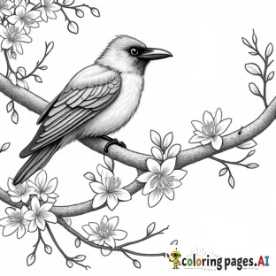 Raven on cherry blossom tree at night