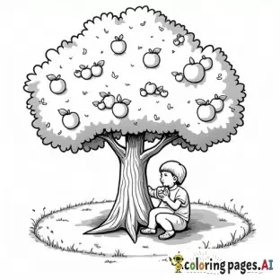 realistic apple tree with apples and a child picking fruit, childrens coloring book page, black and white line art, bold thick outlines, no shading, easy to color