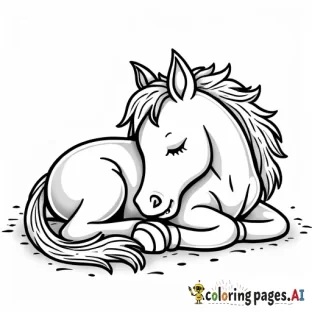 Realistic Baby horse curled up sleeping