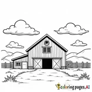 realistic barn with open doors on a farm, childrens coloring book page, black and white line art, bold thick outlines, no shading, simple and easy to color
