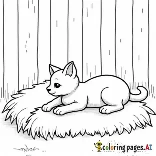 realistic cat lying on hay bales in a barn, childrens coloring book page, black and white line art, bold thick outlines, no shading, easy to color