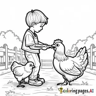 realistic child feeding chickens on a farm, childrens coloring book page, black and white line art, bold thick outlines, no shading, easy to color