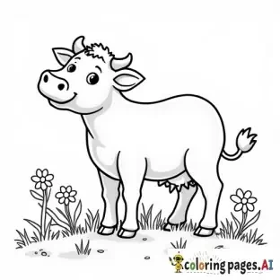realistic cow standing on a meadow with flowers, childrens coloring book page, black and white line art, friendly style, bold thick outlines, no shading, easy to color for kids