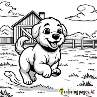 realistic dog running on a farmyard with a barn in background, childrens coloring book page, black and white line art, bold thick outlines, no shading, easy to color
