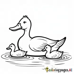 realistic duck with ducklings swimming on a pond, childrens coloring book page, black and white line art, bold thick outlines, no shading, simple style