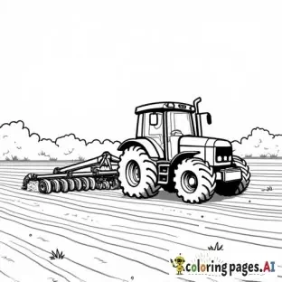 realistic farm tractor plowing a field, childrens coloring book page, black and white line art, friendly style, bold thick outlines, no shading, easy to color for kids