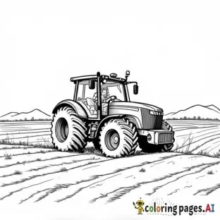 realistic farmer driving a tractor on a field, childrens coloring book page, black and white line art, bold thick outlines, no shading, simple and easy to color