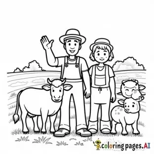 realistic farmer family standing on a farm, waving, childrens coloring book page, black and white line art, bold thick outlines, no shading, easy to color