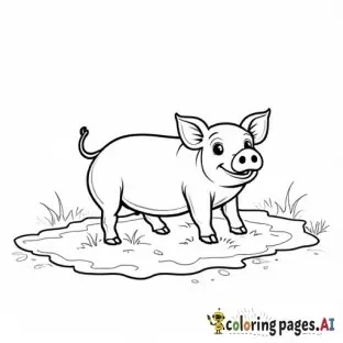 realistic pig playing in mud puddle, childrens coloring book page, black and white line art, bold thick outlines, no shading, simple and easy to color