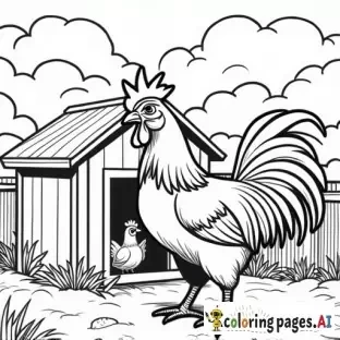 realistic rooster and chickens inside a chicken coop, childrens coloring book page, black and white line art, bold thick outlines, no shading, easy to color