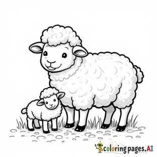 realistic sheep with a lamb on grass, childrens coloring book page, black and white line art, bold thick outlines, no shading, easy to color