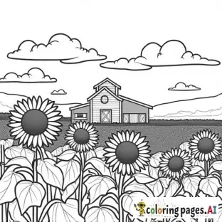 realistic sunflower field on a farm, childrens coloring book page, black and white line art, bold thick outlines, no shading, easy to color