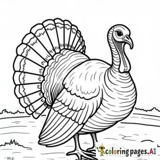 realistic turkey with spread feathers on farmyard, childrens coloring book page, black and white line art, bold thick outlines, no shading, easy to color