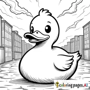 Rubber duck gang member in a urban background during a storm at night with lightning strikes in sky