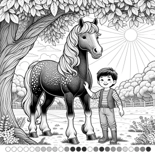 Horse coloring page with 5 years old kid on it