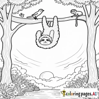 A cute, sleepy sloth is hanging upside down from a tree branch in a peaceful jungle. The sloth has a big, relaxed smile on its face, and its long arms are gently wrapped around the branch. Below, there are colorful flowers and playful butterflies flying around. In the background, there are tall trees with big, leafy branches, and a bright sun peeking through the clouds. A few birds are perched on the branches nearby, and a little monkey is curiously watching the sloth from another tree. The scene is calm and cheerful, with large, simple shapes perfect for kids to color.