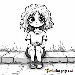 sad girl with curly hair sitting on curb
