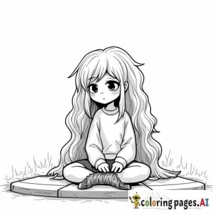 sad girl with long curly hair sitting on curb