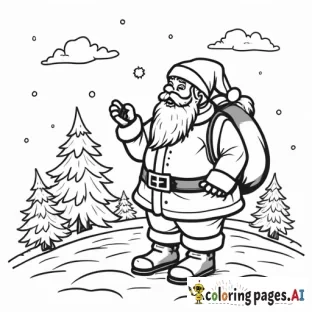 Santa Claus checking the weather. Coloring Page, black and white, line art, white background, Simplicity, Ample White Space. The background of the coloring page is plain white to make it easy for young children to color within the lines. The outlines of all the subjects are easy to distinguish, making it simple for kids to color without too much difficulty