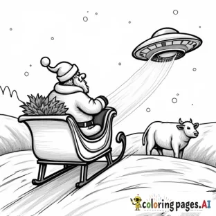 Santa Clause in his sleigh with a UFO-like beam abducting a cow