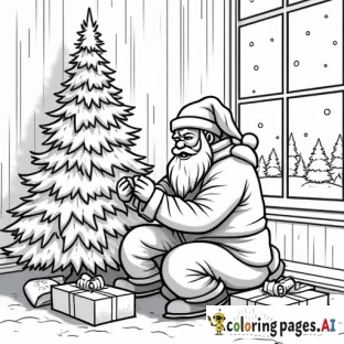 santa clause wrapping presents near a christmas tree, with a snow landscape visible through a window, thick lines, low detail