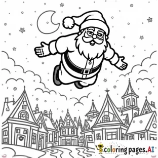 Santa flying over a christmas town with Spiderman walking through the town