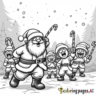 santa getting attacked by a large group of elves with candy canes